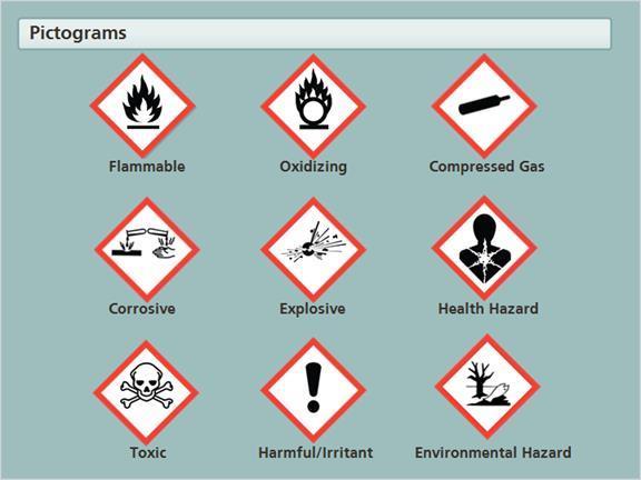 1.8 Pictograms Pictograms are graphic images that immediately show the user of a hazardous product what type of hazard is present.