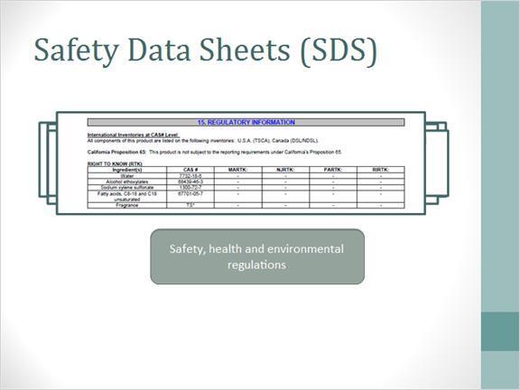 1.16 SDS - Sections 12-15 Section 12 provides information to evaluate the environmental impact of the chemical if it were released to the environment.