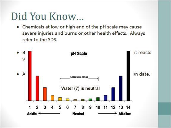 1.21 Did You Know Did you know Chemicals at the low or high end of the ph scale can cause severe injuries and burns or other health effects.