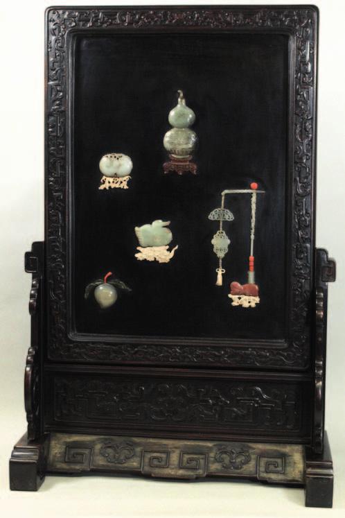 437 An imposing Chinese hardstone-inlaid lacquer and hardwood screen and stand, the black lacquer rectangular panel inlaid with a double gourd vase, a peach spray, a duck, two hanging plaques
