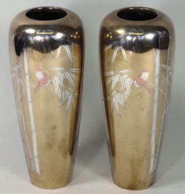 458A A pair of Japanese bronze inlaid vases of tapering ovoid form decorated with birds amongst bamboo shoots, signed, Meiji Period, 21cm high.