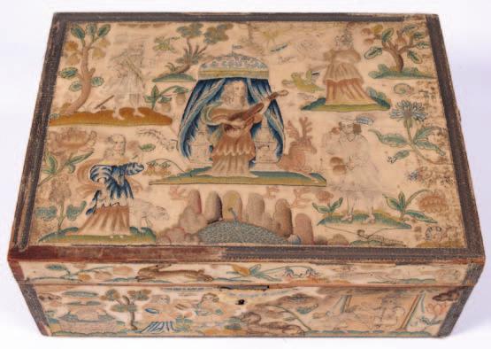 477 A 17th century needlework box of rectangular outline, the lid decorated with a central figure of a lady playing a lute under a canopy, a lady holding a mirror, another holding a flower, a