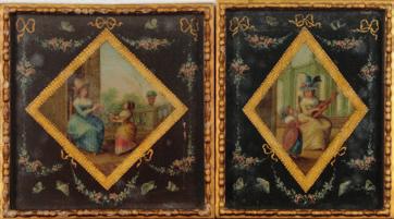 on a green ground, contained within gilt frames, each panel 32 x 27cm.