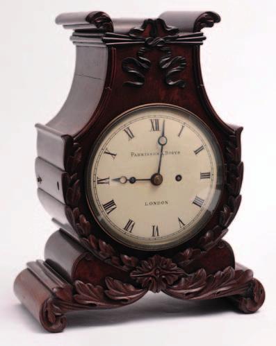 501 Parkinson & Bouts, a William IV mahogany lyre-shaped bracket clock with a double fusee, five pillar movement striking the hours on a bell, the seven-inch round painted dial having black Roman