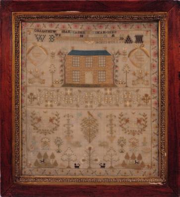 400-600 420 421 A George IV needlework sampler with banded alphabet and house with garden to the upper half, the lower half decorated