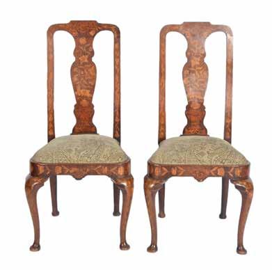 Pair of Dutch marquetry chairs inlaid with birds,