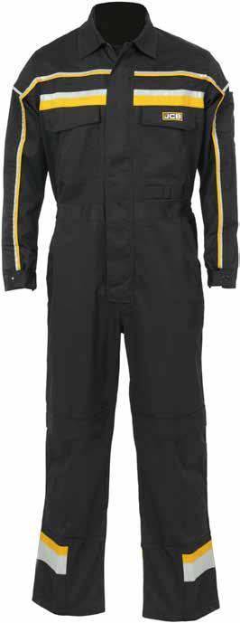 HOLLINGTON Coverall C-BK/C-BL Chest pockets with fastening Front zip fastening with concealed studded over flap Stud adjusters at cuffs for best fit Hi-Vis piping on chest & sleeves Pocket Handy tool