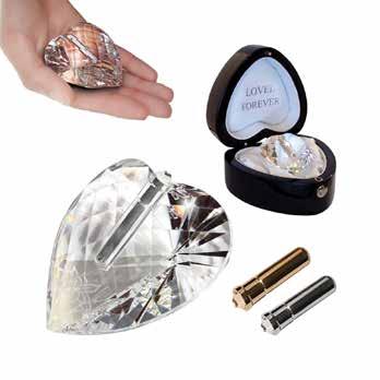 CRYSTAL KEEPSAKES Introducing 3 new beautiful keepsakes: Crystal Heart, Crystal Butterfly and Crystal Tealight. Each holds a segment of ashes or a lock of hair within the gold or silver cylinders.