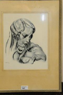 141. Framed Pen & Ink Mother & Child by Sean
