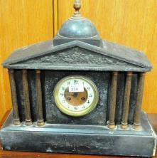 232. Large Brass Candlestick. 233. Pair of Edwardian Inlaid Corner Chairs (wormed). 234. Marble Mantel Clock.
