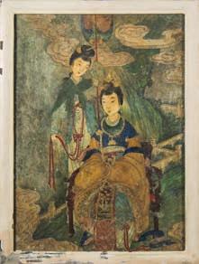 608 A Chinese watercolour panel depicting a high-ranking lady and her