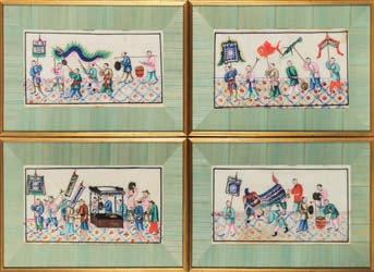615 615 A set of four 19th century Chinese painted rice paper pictures depicting scenes from a