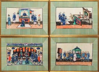 * 300-500 616 616 A set of four 19th century Chinese painted rice paper pictures depicting various