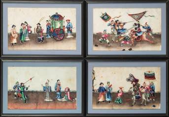 * 300-500 617 617 Four 19th century Chinese rice paper paintings depicting processions and battle