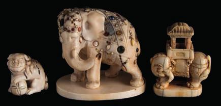 * 250-350 627 A group of three Japanese ivory okimonos including a shibayama ivory