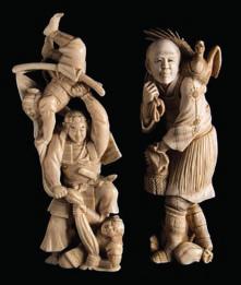 * 100-150 633 633 Two Japanese carved ivory okimonos the first in the form of a group of three acrobats with one held aloft by the main standing figure,