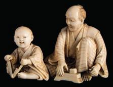 * 100-200 634 A Japanese carved ivory okimono of father and son knife sharpeners both seated, the father with a wet stone, the son holding a folding