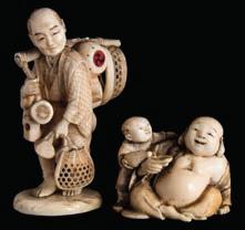 * 120-180 635 635 A Japanese carved ivory okimono, signed Isshi; and a netsuke, signed Gyokushu the first in the form of a street vendor selling