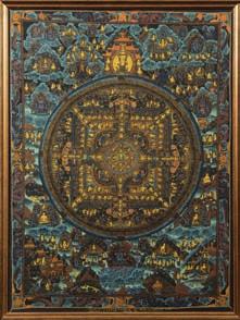 * 150-200 140 645 645 A Nepalese buddhistic thangka centred with a seated Buddha, the circle divided by various paths to