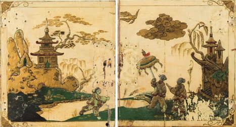 wide. * 150-250 670 670 A pair of late 18th century chinoiserie decorated panels depicting polychrome decorated