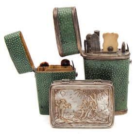 * 300-500 678 678 A silver and mother of pearl box and two shagreen cases the former of rectangular form, the hinged cover inset with a mother