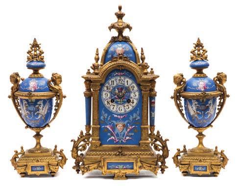 738 738 Richard et Cie, Paris, a gilt metal and porcelain clock garniture the eight-day duration movement striking the hours and half-hours on a bell, the backplate stamped with the trademark of the