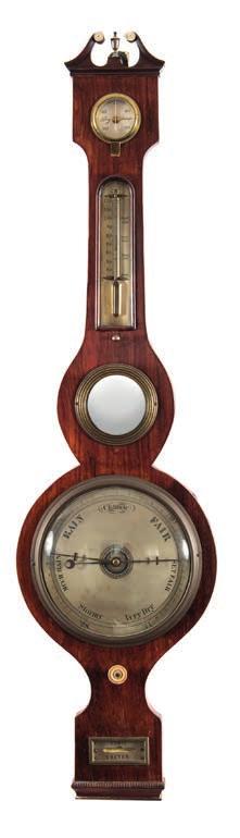 746 746 M. Maggi Exeter, a mahogany Sheraton style wheel barometer having an eight-inch round silvered dial with blued steel hand signed M.