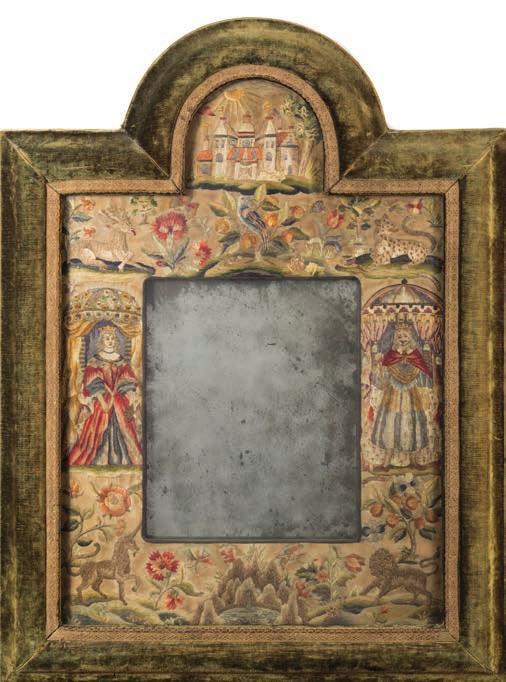 * 100-150 594 A Charles II embroidered mirror frame of arched outline, the rectangular mirror plate enclosed by an embroidered silkwork border depicting Charles II and Catherine