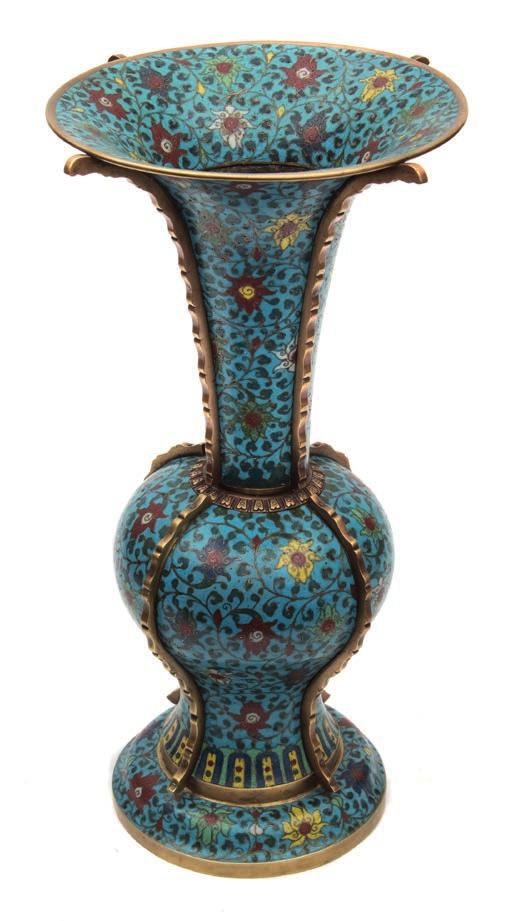 602 602 A large Chinese cloisonne enamel yen yen vase the baluster body and trumpet neck with four raised notched flanges, decorated overall with lotus blooms and