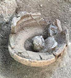 In the void, excavators found a pottery box (a pot with a lid) with a small horde of metal objects all fused together (Figs 6, 7).