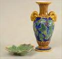 00 Lot #313: Portuguese Majolica Leaf-Form Dish and a Majolica Vase, Modern Vase made for Seymour Mann, Inc.; vase 12 3/4 x 7 in. Estimate: $ 40.