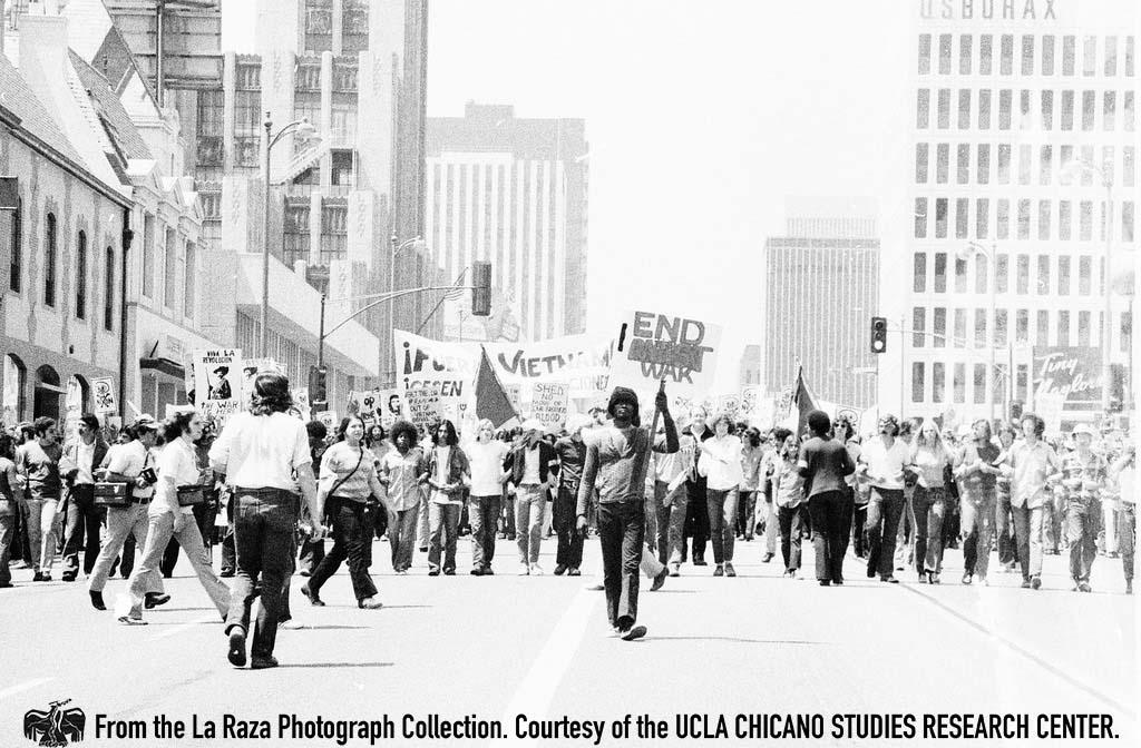 Protesters marching down Wilshire Boulevard at an anti-vietnam War