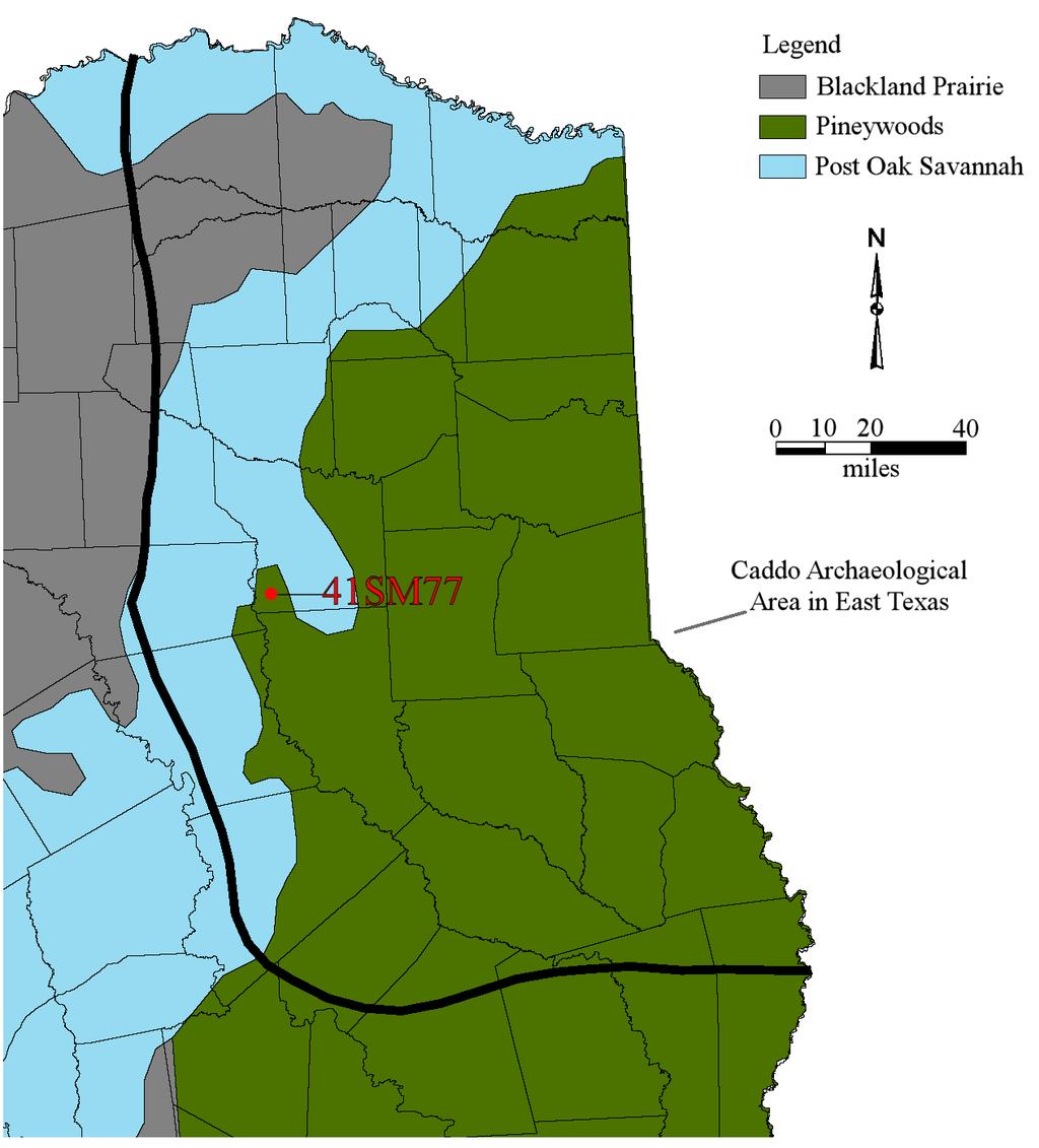 2 Figure 1. Location of the Vanderpool site (41SM77) on Saline Creek, Smith County, in East Texas.