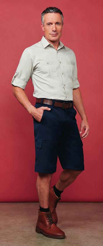 02 01 MAINTENANCE FRIENDLY Practical and virtually maintenance free; our mens Detroit is a daily wash and wear style featuring Teflon stain release and our famous hidden Flexi-Band waist. 01. BS10112R DETROIT CARGO SHORT Teflon Coated 65% Polyester, 35% Viscose Mens Regular 72R - 102R BS10112S DETROIT CARGO SHORT Teflon Coated 65% Polyester, 35% Viscose Mens Stout 87S - 137S 02.