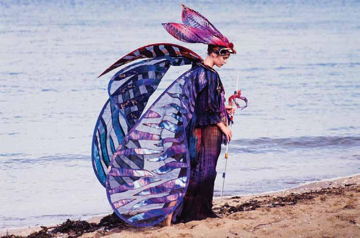 Made of crinkle silk, appliquéd velvet, appliquéd stiffened shade cloth and nylon sail cloth. Photo Phil Fogle WOW is registered by the World of WearableArt (New Zealand).