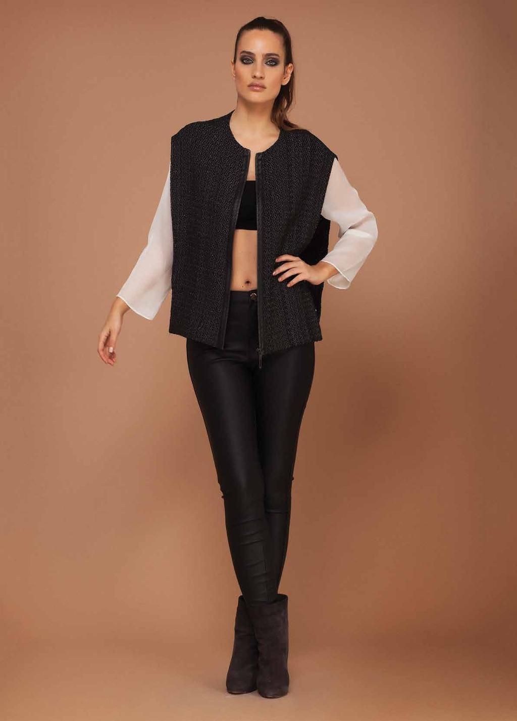 Textured black open end jacket with silk