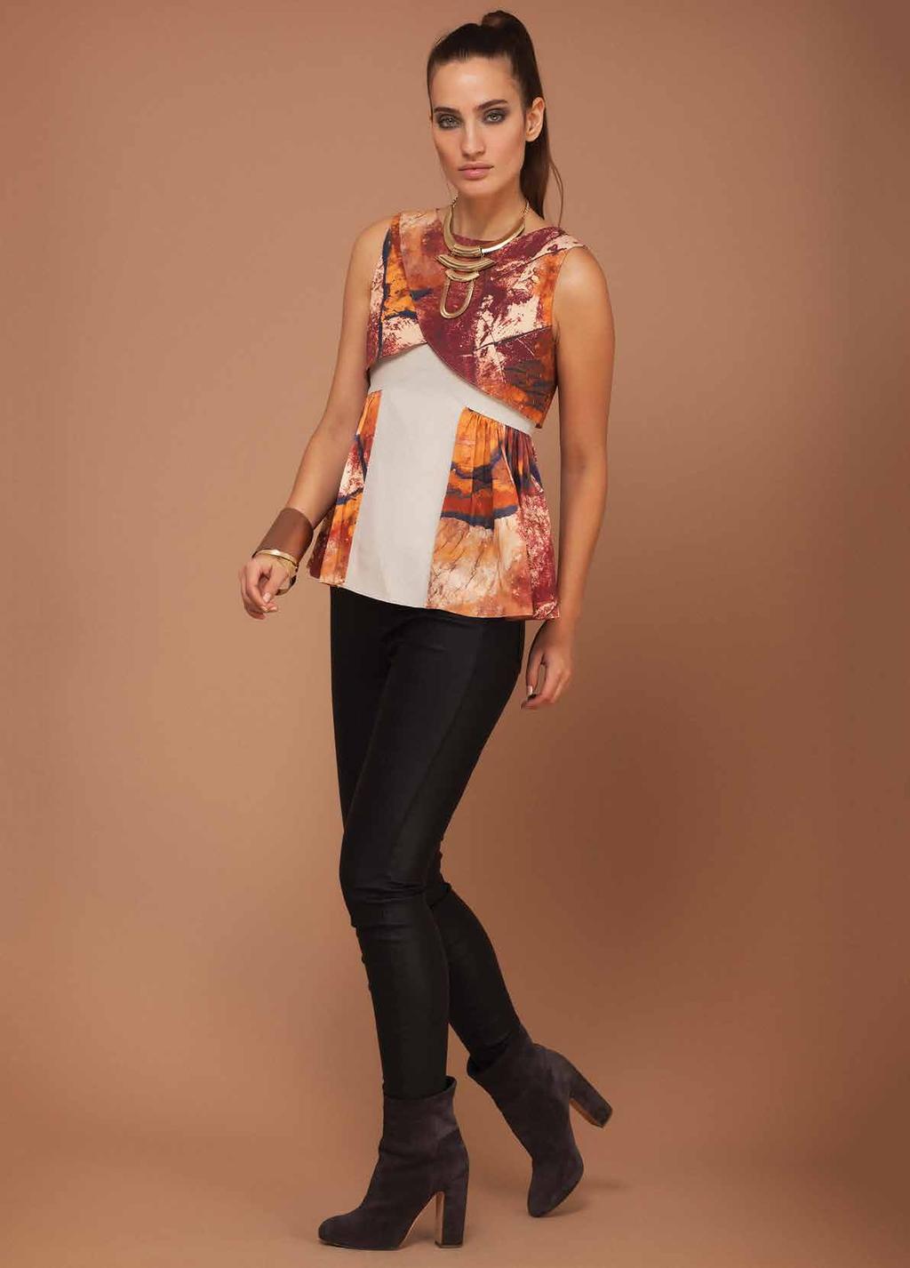 Printed linen blend double layered top with silk rouched sides Style Code: