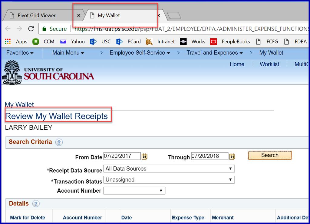 The Review My Wallets Receipts page for that cardholder is displayed in a new browser