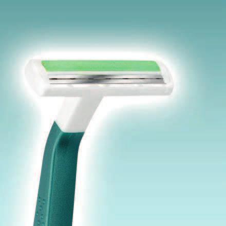 Softer shave (2). Non-slip polystyrene handle. Better grip and shaving control (1).