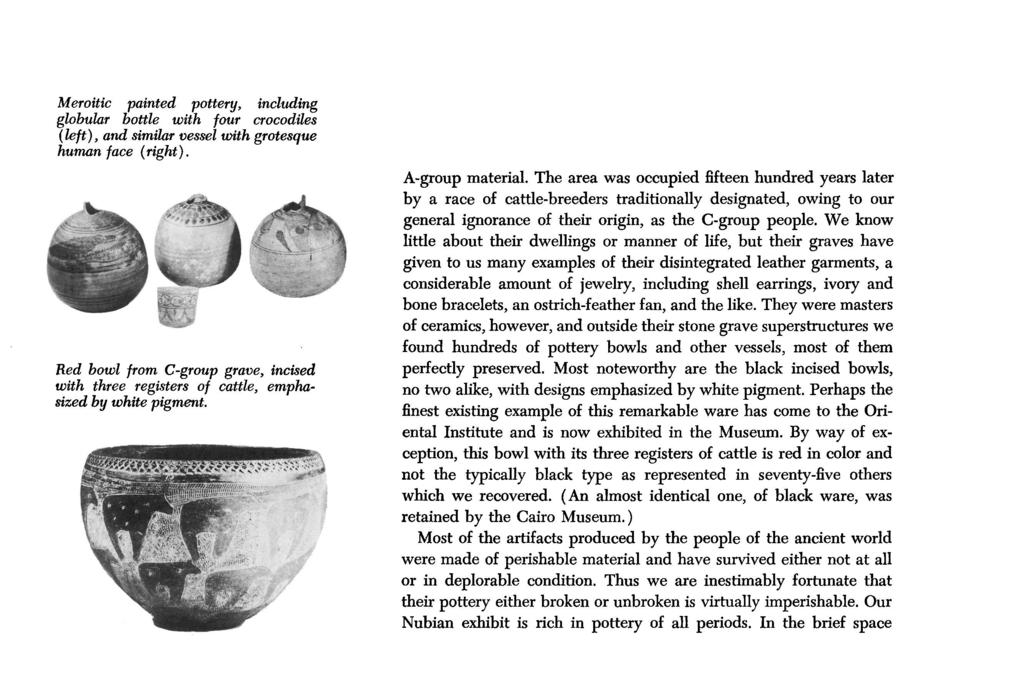 Meroitic painted pottery, including globular bottle with four crocodiles (left), and similar vessel with grotesque human face (right).