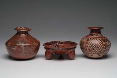 574. Chupicuaro Ollas & Tripod Bowl with Duck Head (3) Chupicuaro, Mexico. Ca. 400-100 B.C. 5-3/8, 5-1/4 & 2-5/8 H., 7 W.