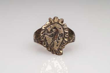 Greco-Roman Bronze Finger Ring with Devil Head Europe. Ca. 100 B.C. - 100 A.D. 1 D., size 8. NYC collection, ex.