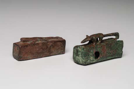 Two Egyptian Bronze Embryonic Sarcophagi (2) Egypt. Late period, ca. 700-30 B.C. 2-1/8 L. each.