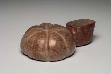 580. Colima Pumpkin Vessel Colima, Mexico. Ca. 100 B.C. - 200 A.D. 3-1/8 H., 8-1/4 L. Private Nevada collection, ex. Dr.