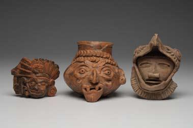Two Fine Maya Heads & Plumbate Fire God Vessel (3) Maya areas. Ca. 600-900 A.D. 4-1/2, 4 & 2-3/4 H.
