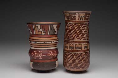 600. Nazca Polychrome Decorated Cylinder Vases (2) Nazca. Ca. 400-600 A.D. 6-7/8 & 8-1/2 H.