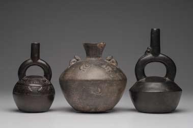 Huari Pottery Bottle, Cup & Chimu Blackware Flask (3) Ca. 600-1200 A.D. 4, 5-3/4 & 6-3/8 H.