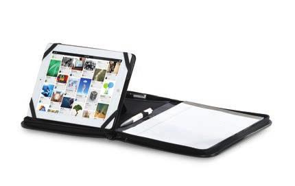 Tablet Stand E-Padfolio up to 10" tablet Removable Velcro corners to accommodate various sized tablets or e-readers Patented FlipTuck feature for storing paper behind pad while