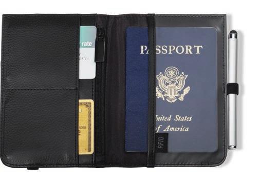 The gift set includes the Brookstone Global Twist Outlet Adapter and Gateway Leather Passport Holder.