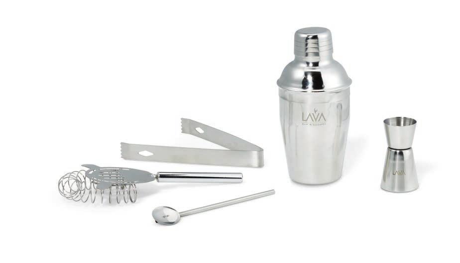 5H Diameter: 3" at top / 2" at base Description: Stainless Steel / This cocktail shaker set has everything you need to make impressive drinks at your next party or gathering / 5 piece kit includes: